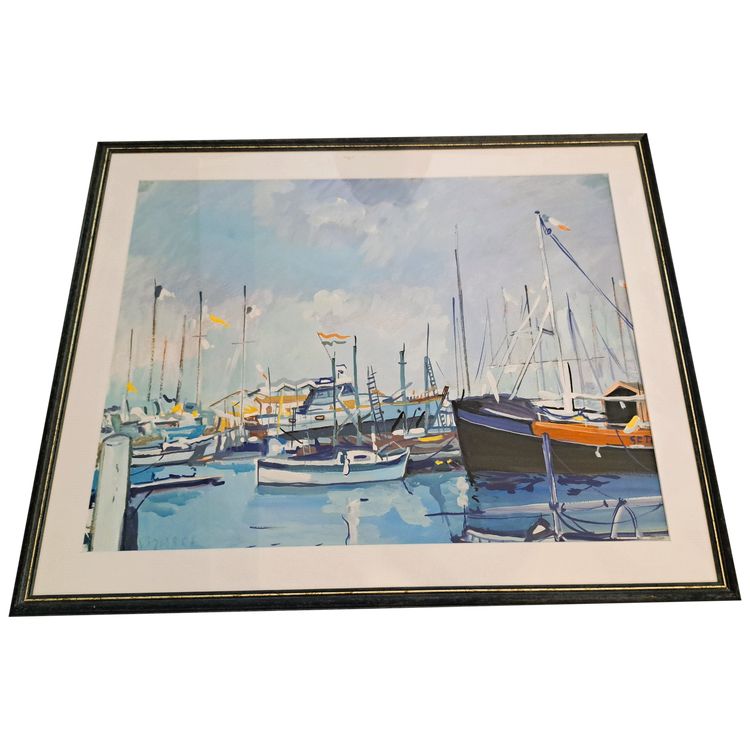 Gouache on paper view of a marina port early 20th century