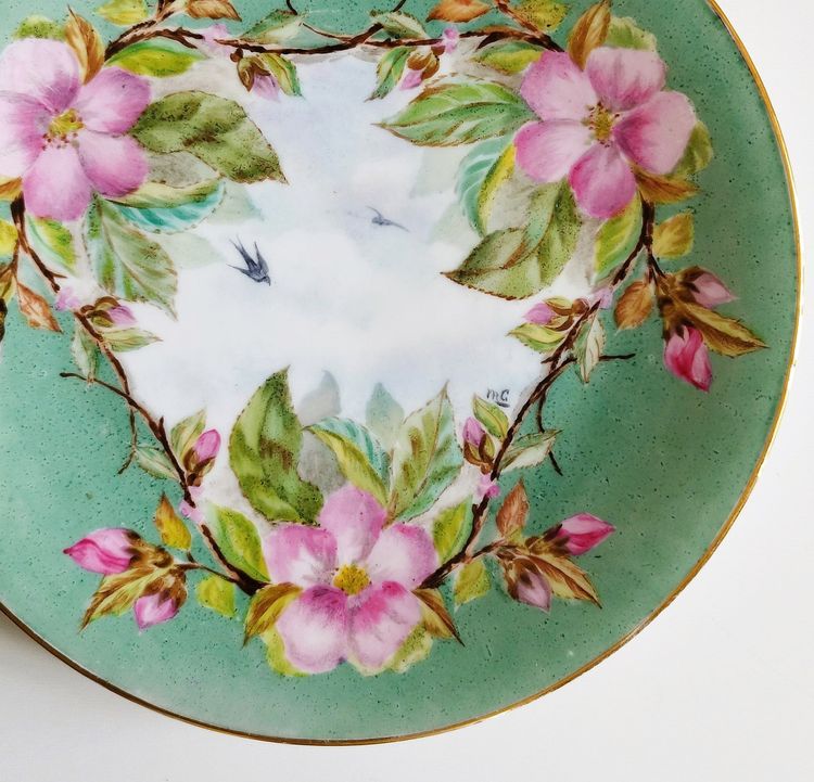 Hand Painted Porcelain Plate With Swallows Birds And Flowers 19th C