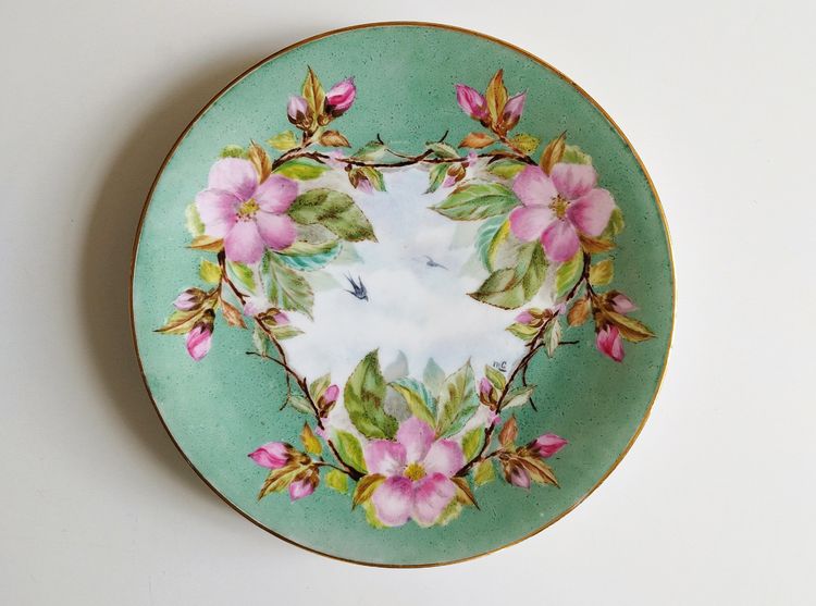 Hand Painted Porcelain Plate With Swallows Birds And Flowers 19th C