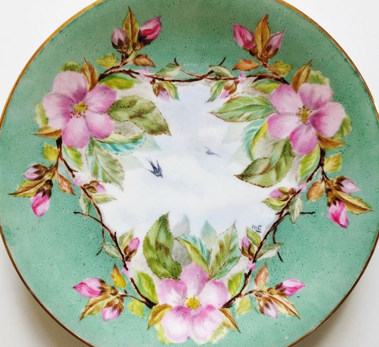 Hand Painted Porcelain Plate With Swallows Birds And Flowers 19th C