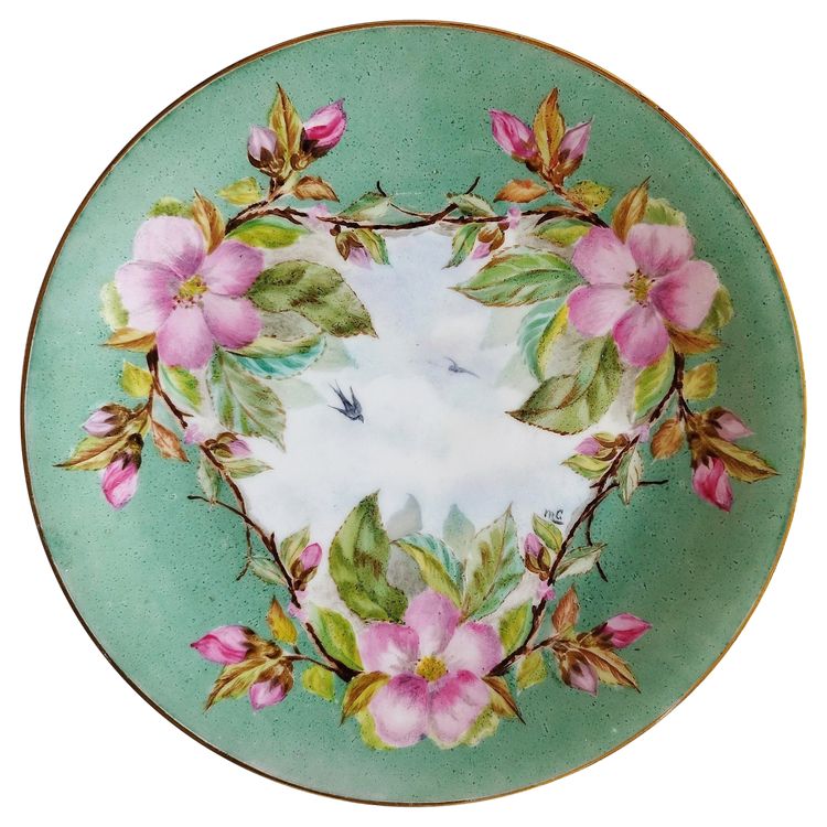 Hand Painted Porcelain Plate With Swallows Birds And Flowers 19th C