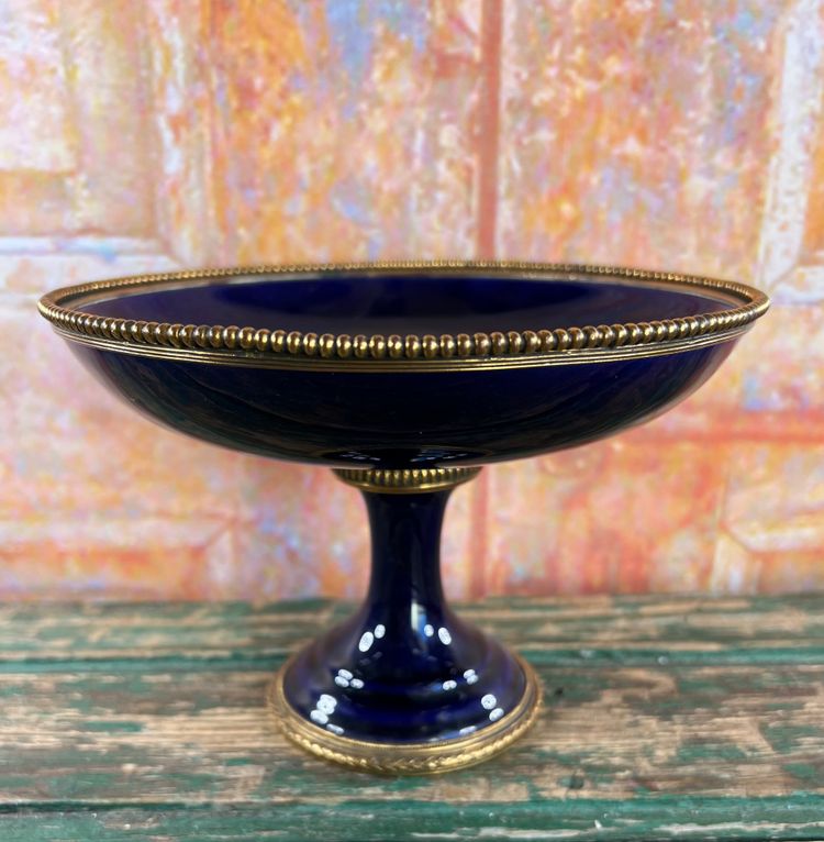 Blue Porcelain Pedestal Bowl - Bronze/Brass Floral Design - Limoges or Sevres