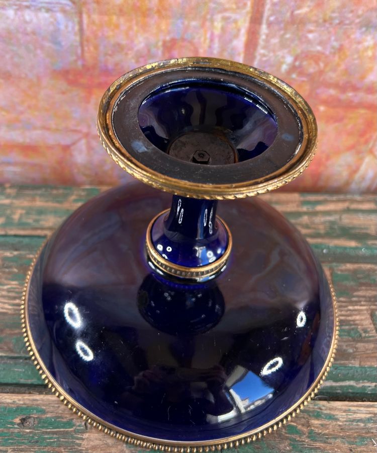 Blue Porcelain Pedestal Bowl - Bronze/Brass Floral Design - Limoges or Sevres
