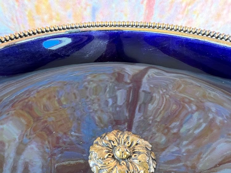 Blue Porcelain Pedestal Bowl - Bronze/Brass Floral Design - Limoges or Sevres