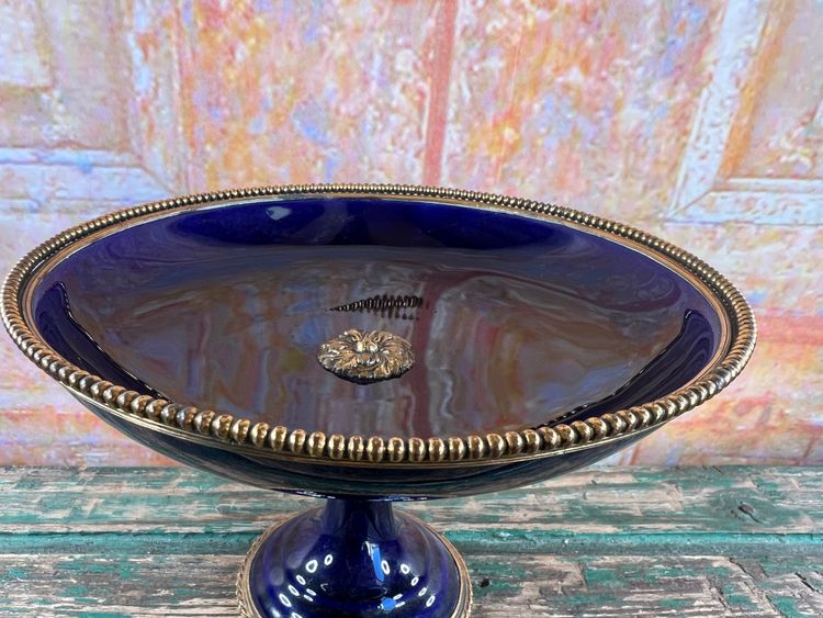 Blue Porcelain Pedestal Bowl - Bronze/Brass Floral Design - Limoges or Sevres