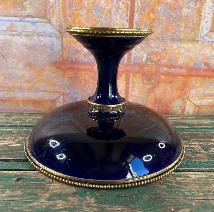 Blue Porcelain Pedestal Bowl - Bronze/Brass Floral Design - Limoges or Sevres