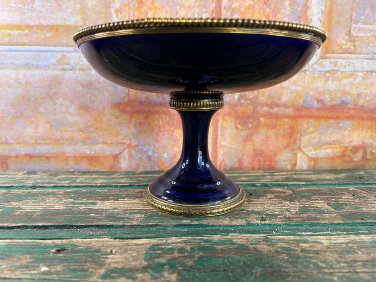 Blue Porcelain Pedestal Bowl - Bronze/Brass Floral Design - Limoges or Sevres