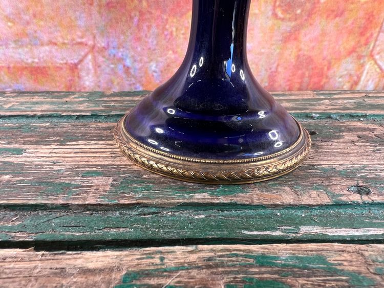 Blue Porcelain Pedestal Bowl - Bronze/Brass Floral Design - Limoges or Sevres