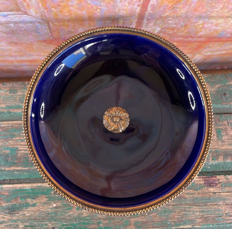 Blue Porcelain Pedestal Bowl - Bronze/Brass Floral Design - Limoges or Sevres
