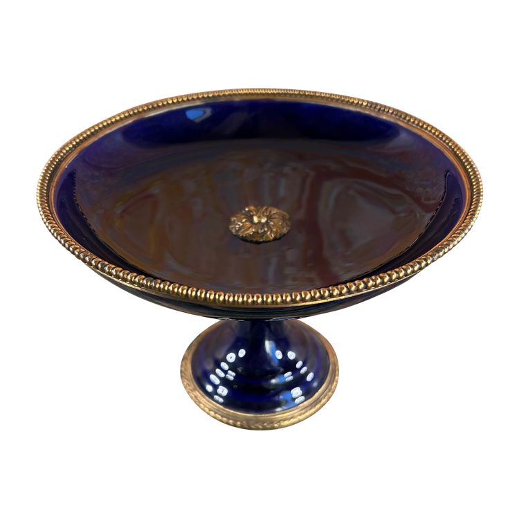 Blue Porcelain Pedestal Bowl - Bronze/Brass Floral Design - Limoges or Sevres