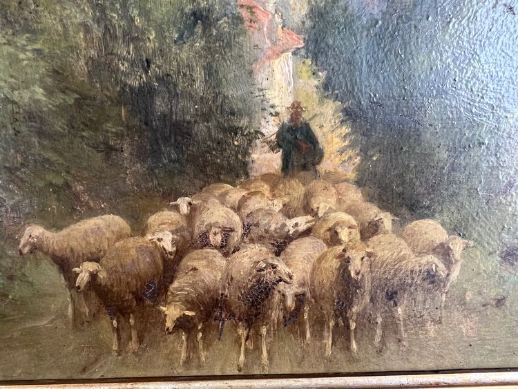 École du XIXe siècle - Dans le goût de Barbizon "Berger et son troupeau en forêt"