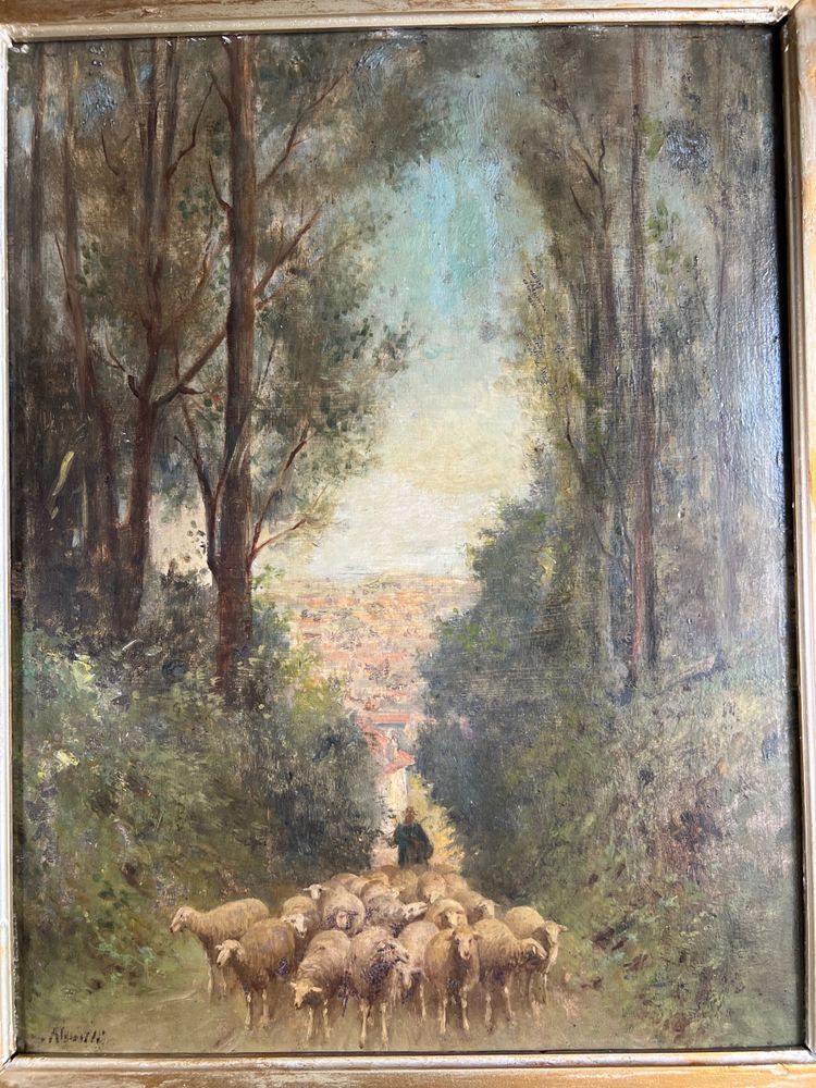 École du XIXe siècle - Dans le goût de Barbizon "Berger et son troupeau en forêt"
