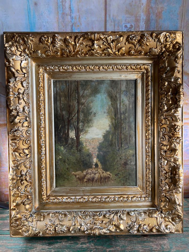 École du XIXe siècle - Dans le goût de Barbizon "Berger et son troupeau en forêt"