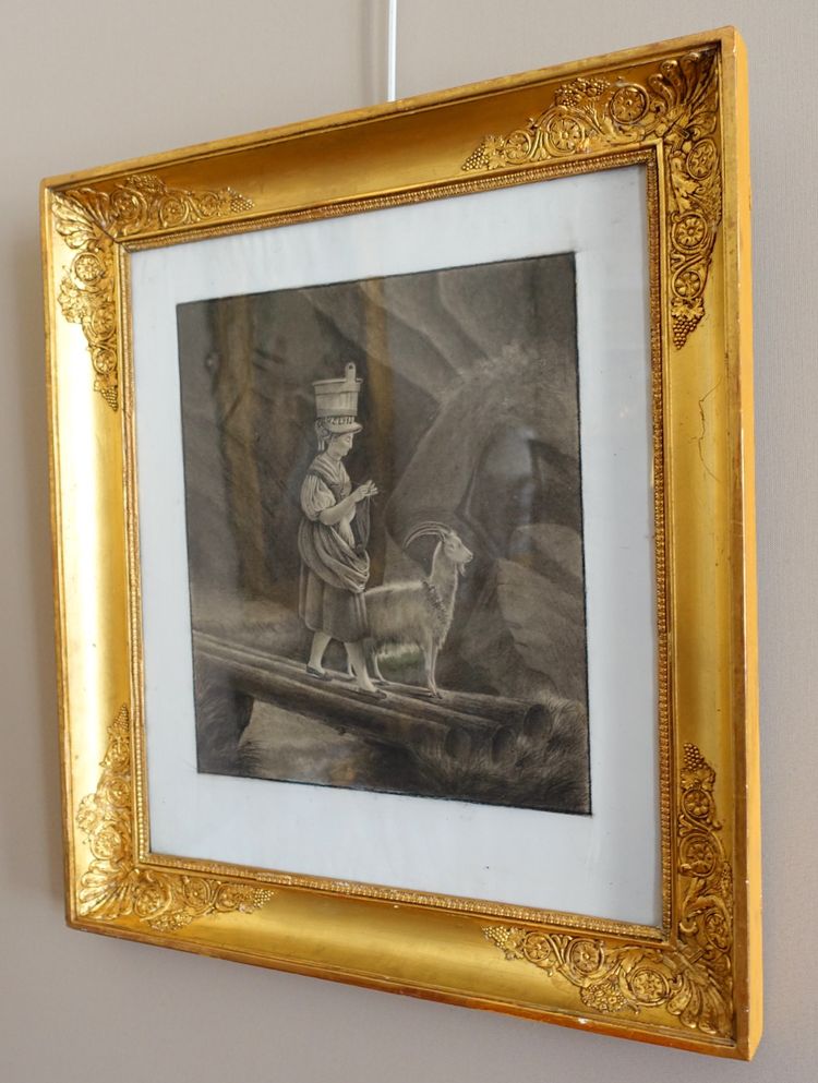 Drawing attributed to Edouard Pingret, young goat keeper knitting - gilded wood frame