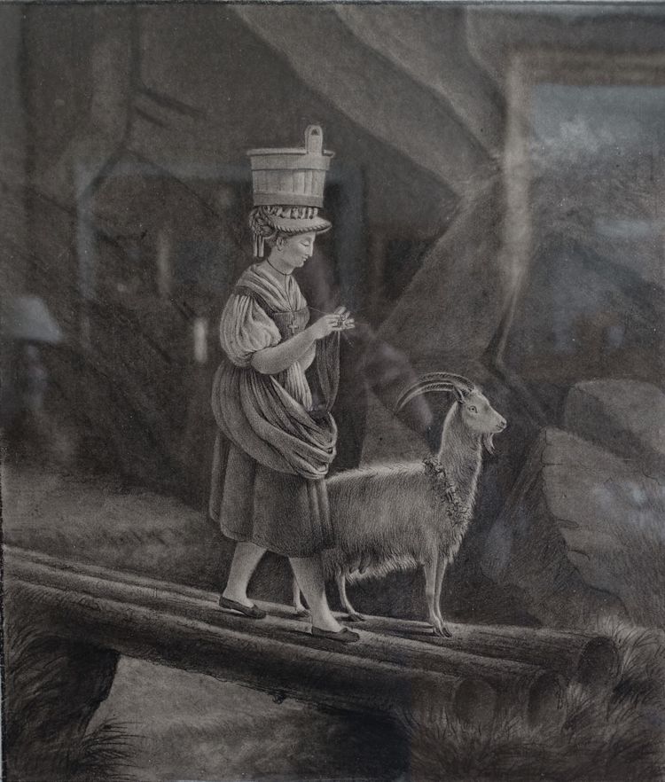 Drawing attributed to Edouard Pingret, young goat keeper knitting - gilded wood frame