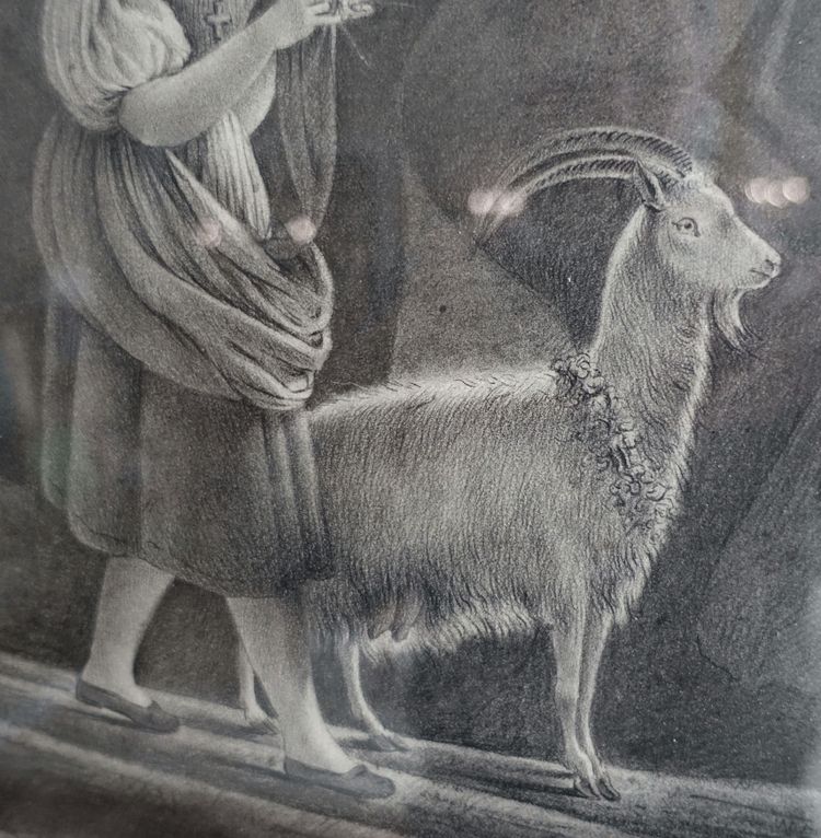 Drawing attributed to Edouard Pingret, young goat keeper knitting - gilded wood frame