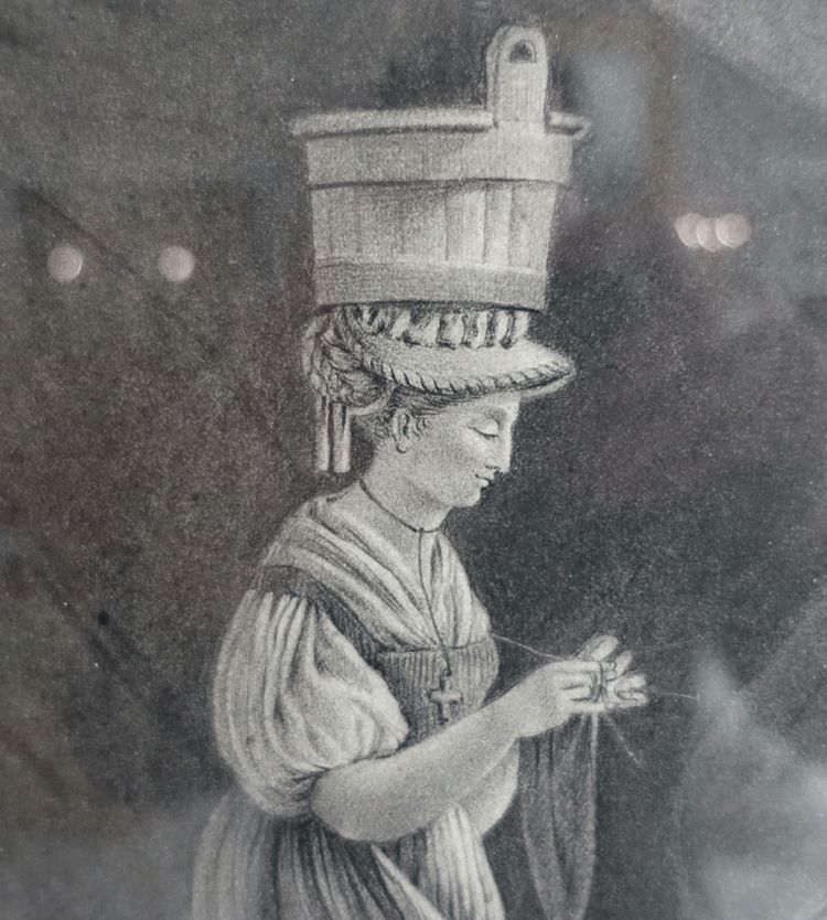 Drawing attributed to Edouard Pingret, young goat keeper knitting - gilded wood frame