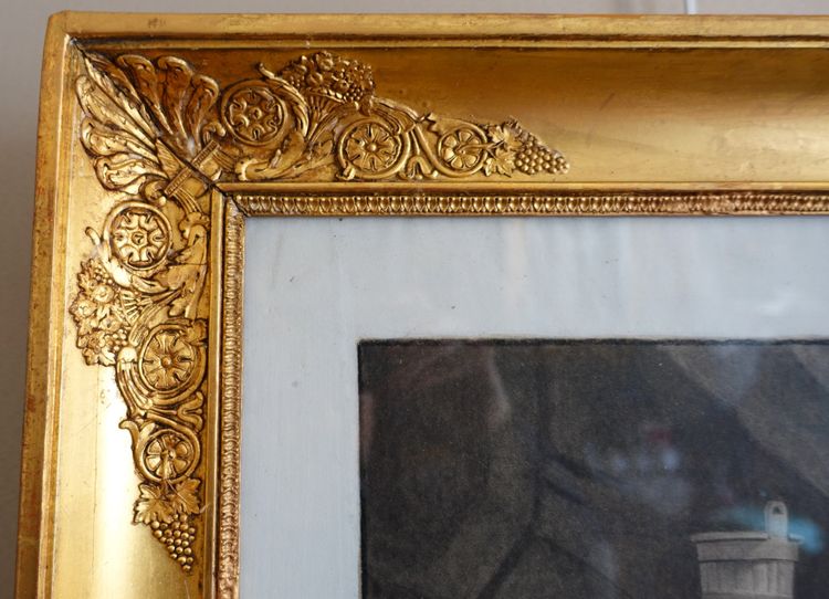 Drawing attributed to Edouard Pingret, young goat keeper knitting - gilded wood frame