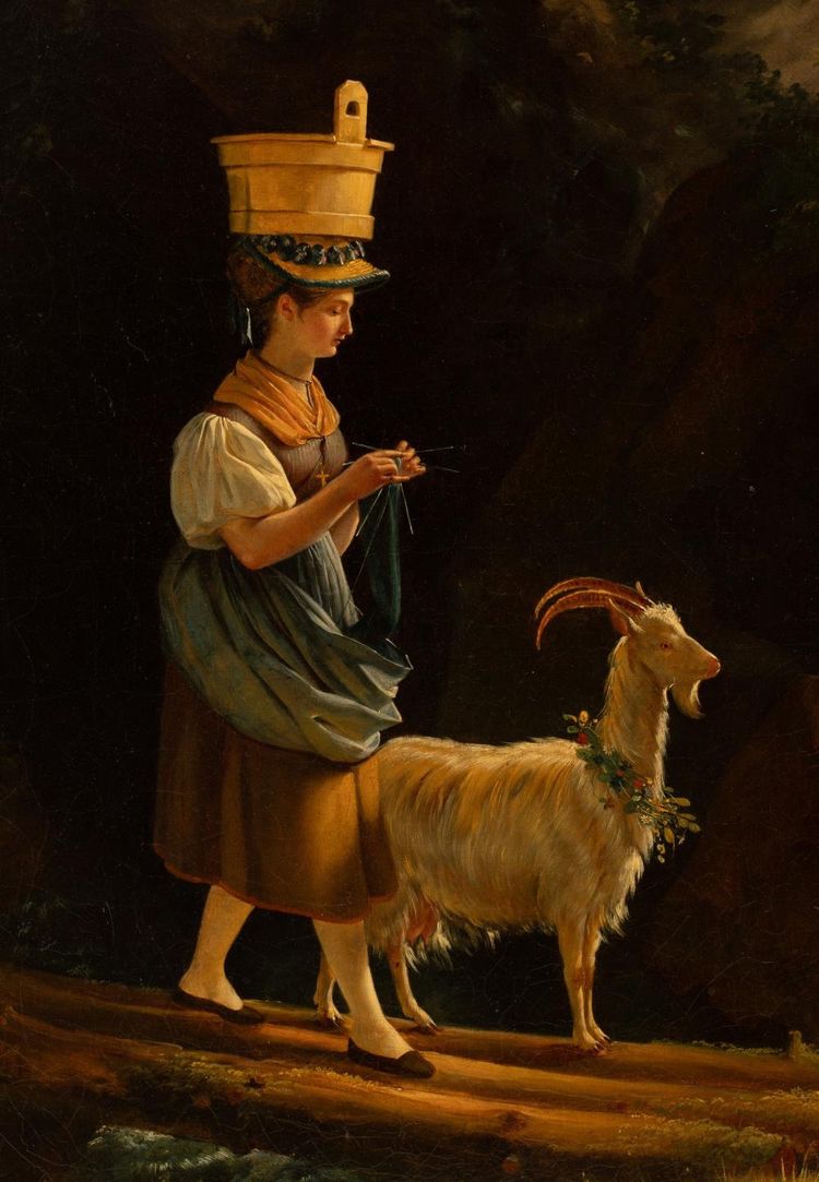 Drawing attributed to Edouard Pingret, young goat keeper knitting - gilded wood frame