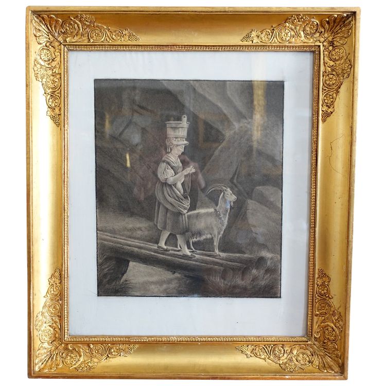Drawing attributed to Edouard Pingret, young goat keeper knitting - gilded wood frame