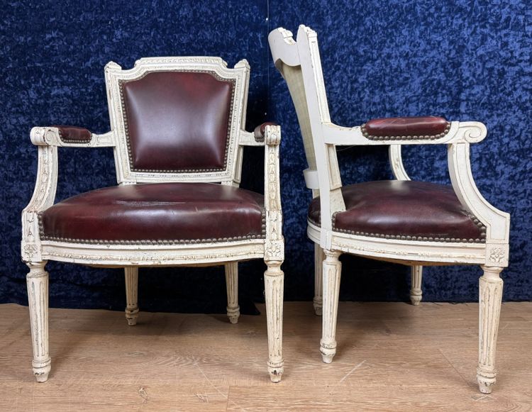 Pair of Louis XVI cabriolet armchairs in lacquered wood and leather circa 1850