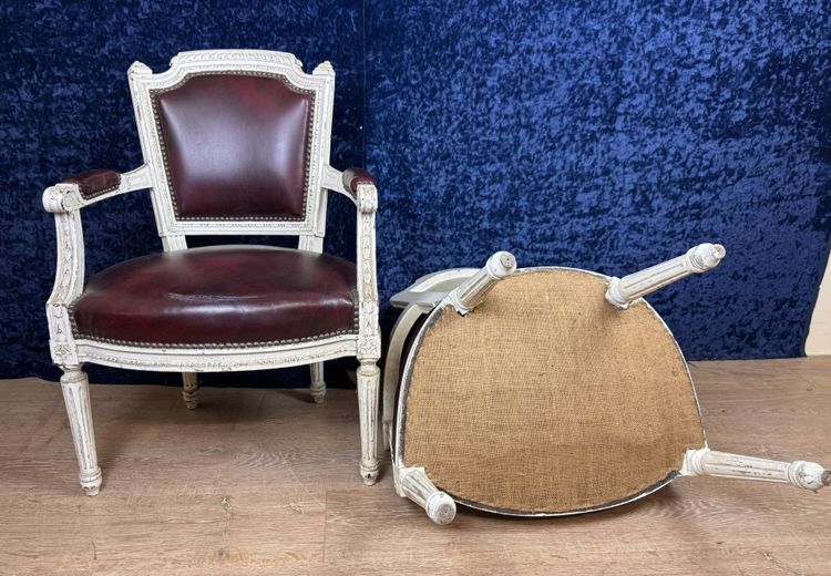 Pair of Louis XVI cabriolet armchairs in lacquered wood and leather circa 1850