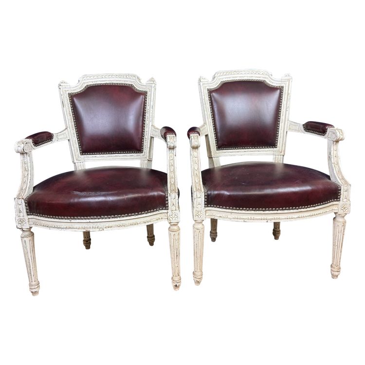 Pair of Louis XVI cabriolet armchairs in lacquered wood and leather circa 1850