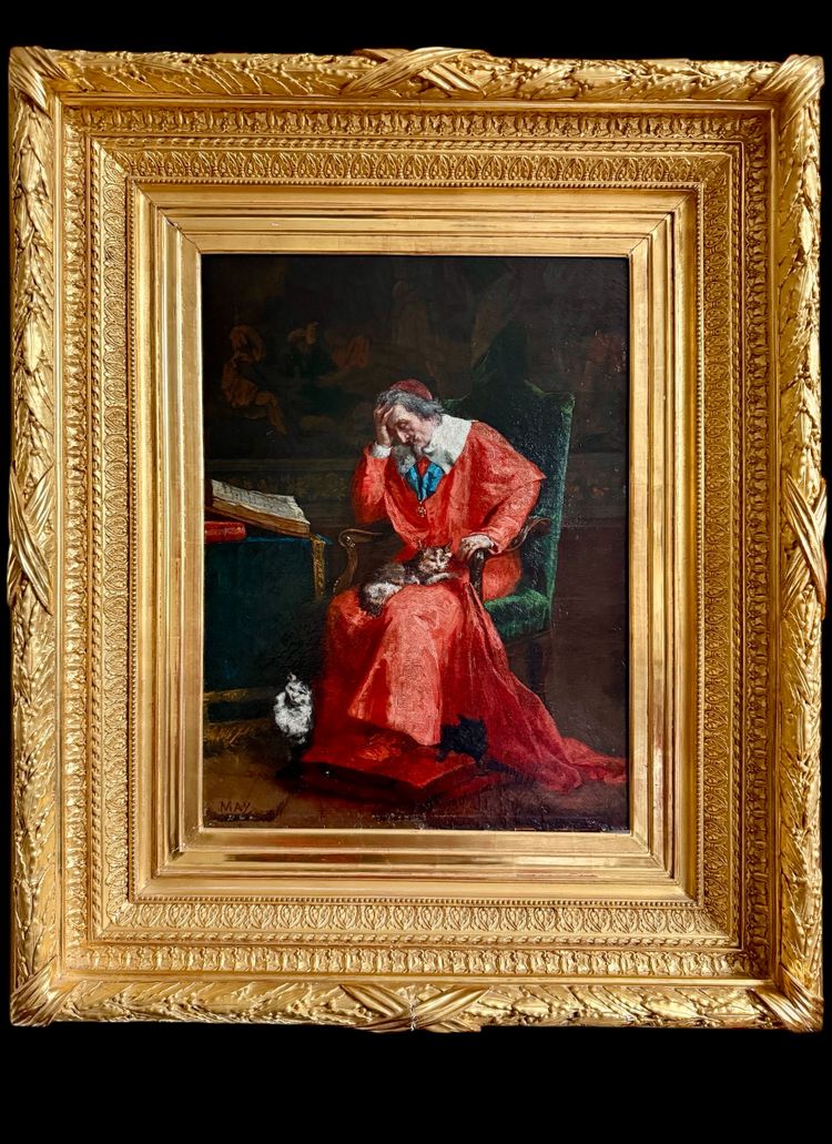 Großes Porträt des Kardinals von Richelieu XIX. Jahrhundert, Öl auf religiöser Leinwand ,MAY, Katzen...
