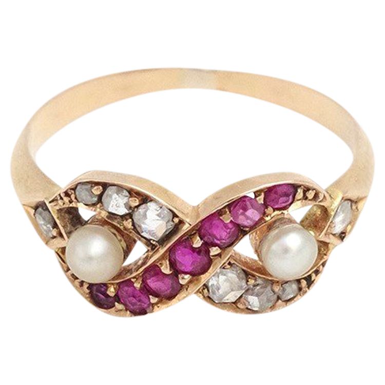 Ancienne bague symbole infini en or 18k, bague rubis, diamants taille rose, bague ancienne
