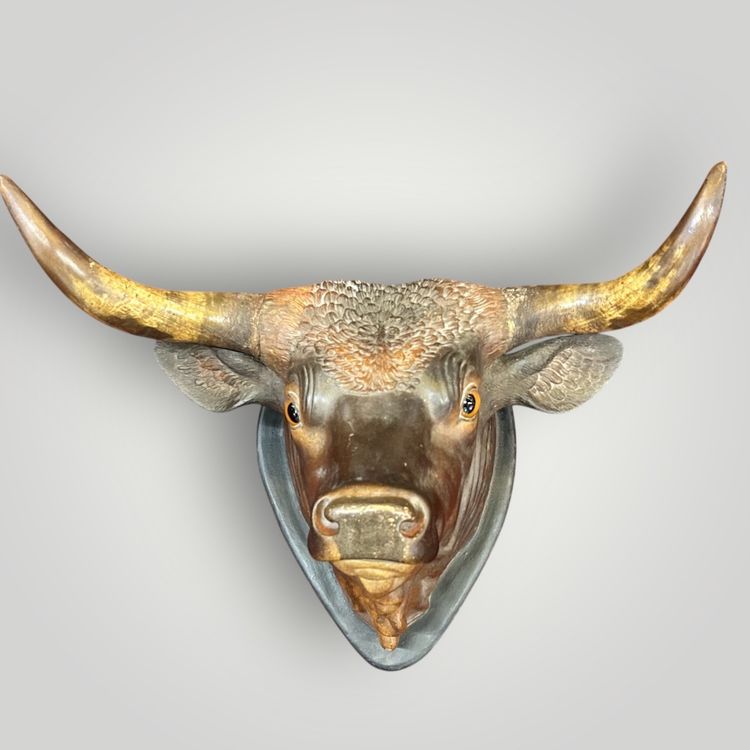 Grande trofeo di toro a grandezza naturale in terracotta policroma - Segno Fine XIX secolo