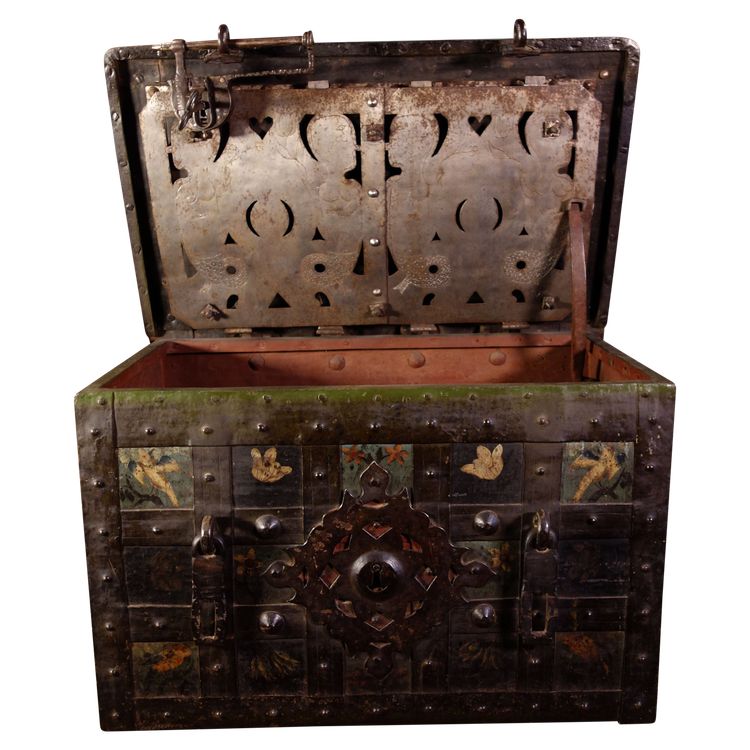 Grand coffre de Nuremberg polychromé avec cadenas