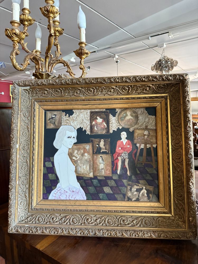 Huile sur toile Gianni Longinotti, Madame dans l'atelier, 1991, mesure 71x64 cm. Encadré à la feuille d'or.
