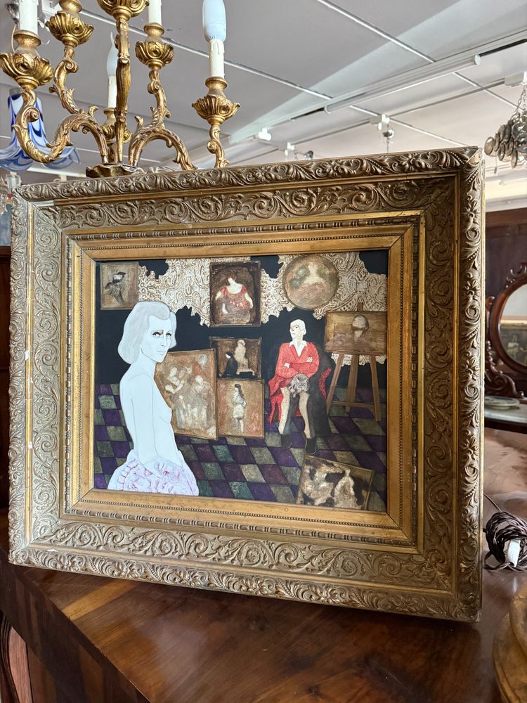 Huile sur toile Gianni Longinotti, Madame dans l'atelier, 1991, mesure 71x64 cm. Encadré à la feuille d'or.