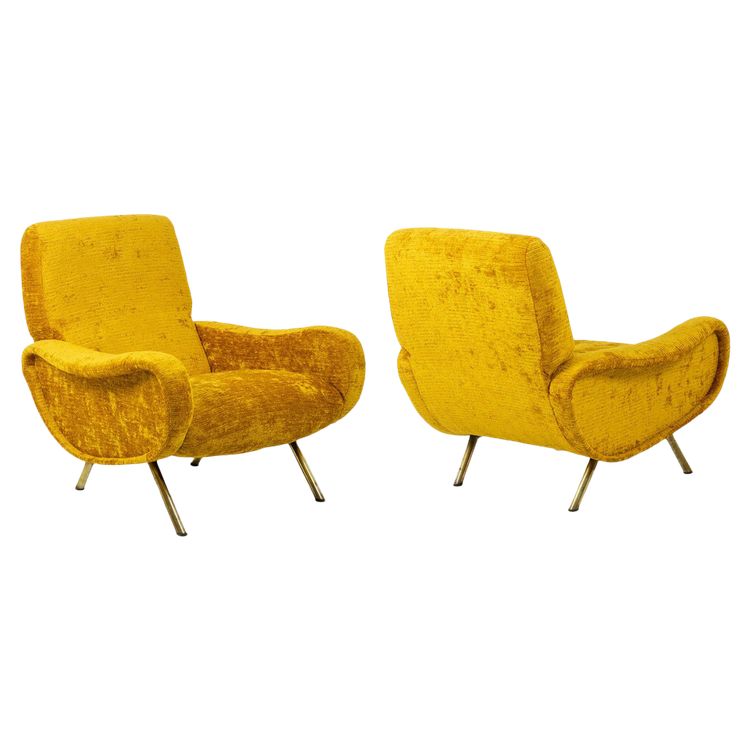 Marco Zanuso pour Artflex. Fauteuils jaune et en laiton doré. Années 1950. LS64333009I