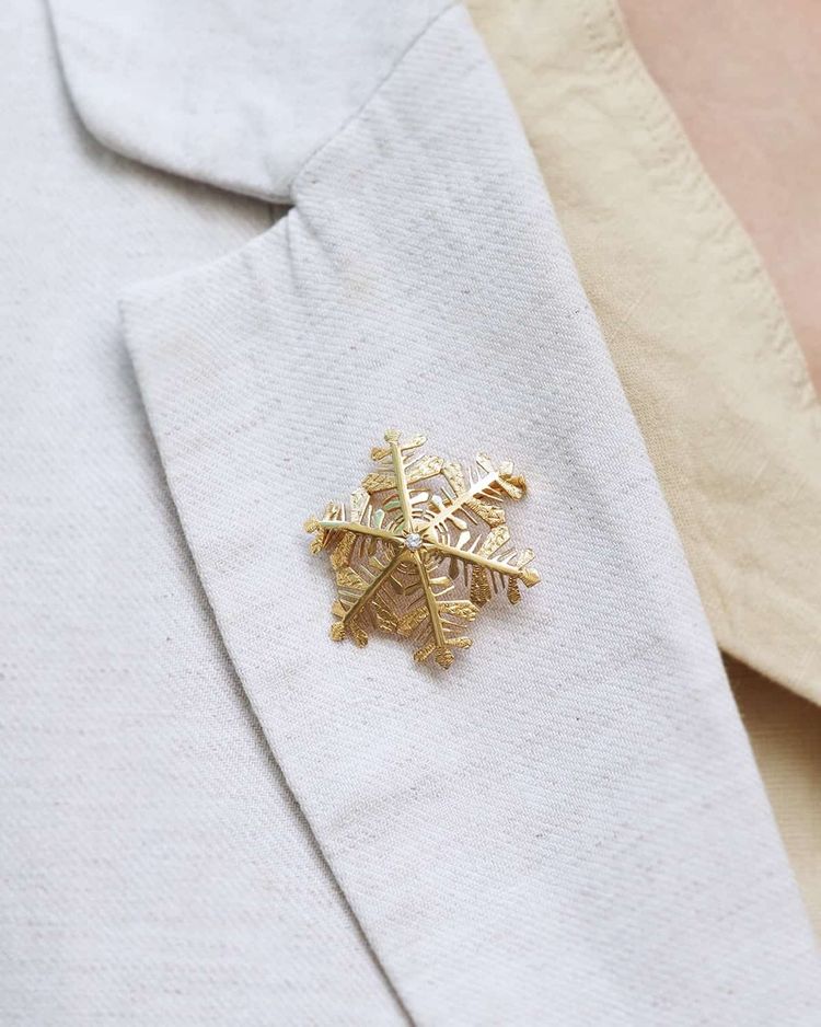 Spilla a fiocco di neve in oro 18 carati, inverno, spilla vintage, retrò, diamante taglio brillante, gioielli retrò