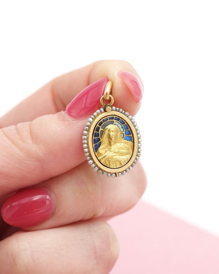 Médaille Art Nouveau Vierge Marie en or 18 karats, pendentif religieux, communion, art nouveau