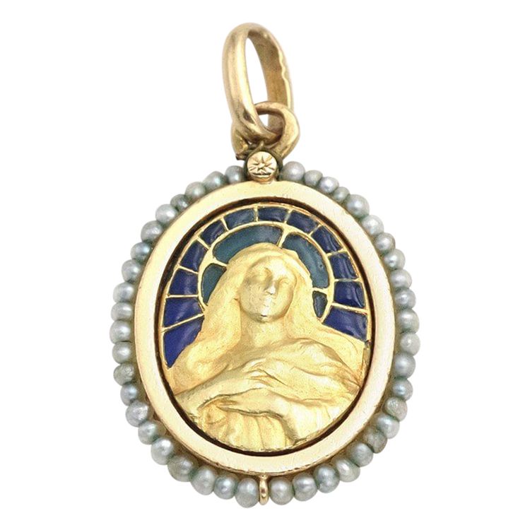Médaille Art Nouveau Vierge Marie en or 18 karats, pendentif religieux, communion, art nouveau