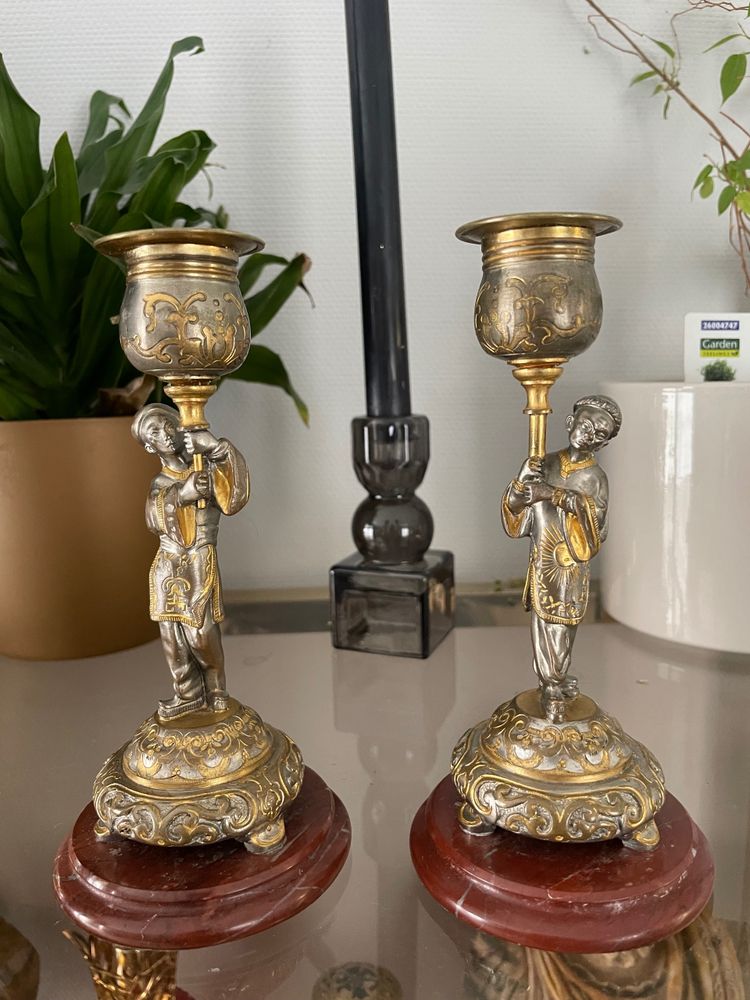 Pair Of Japanese Candlesticks In Gilt And Silver Bronze Late 19th Century