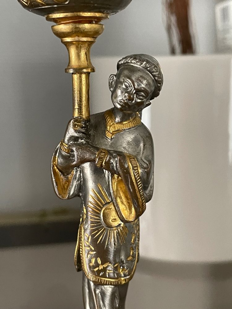 Pair Of Japanese Candlesticks In Gilt And Silver Bronze Late 19th Century