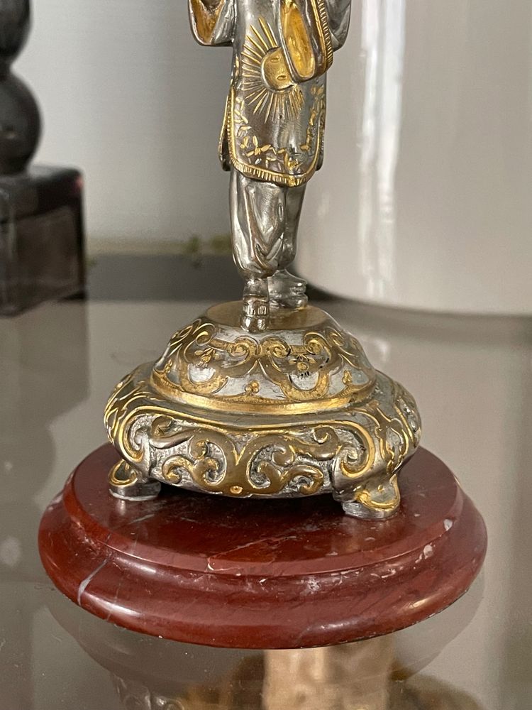 Pair Of Japanese Candlesticks In Gilt And Silver Bronze Late 19th Century