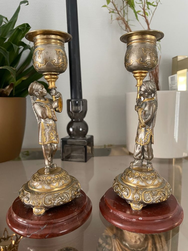 Pair Of Japanese Candlesticks In Gilt And Silver Bronze Late 19th Century
