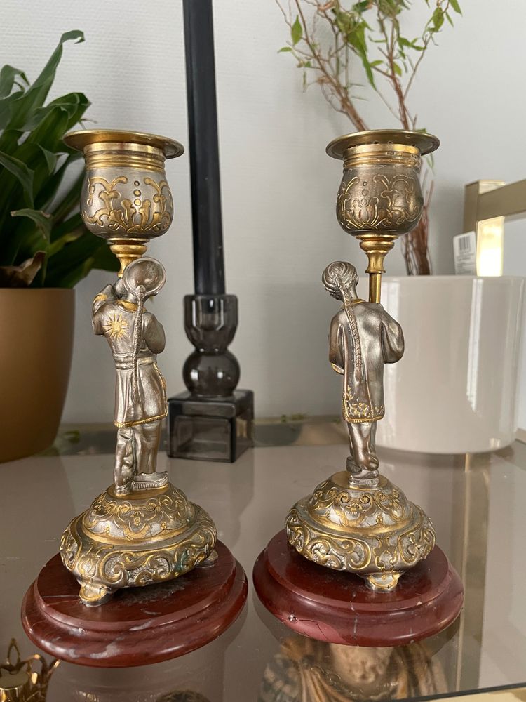 Pair Of Japanese Candlesticks In Gilt And Silver Bronze Late 19th Century