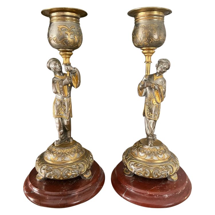 Pair Of Japanese Candlesticks In Gilt And Silver Bronze Late 19th Century