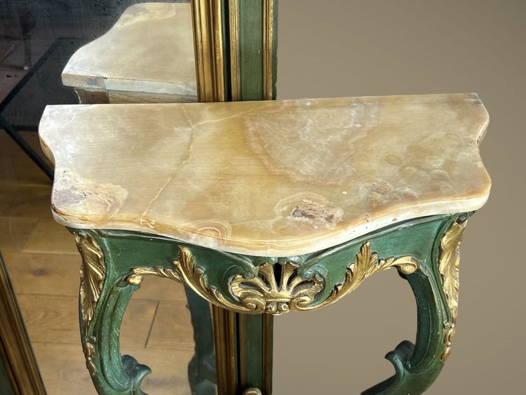 ANTICA CONSOLLE E SOVRAMENSOLA IN LEGNO DIPINTO CON PIANO IN ONICE IN STILE LUIGI XV