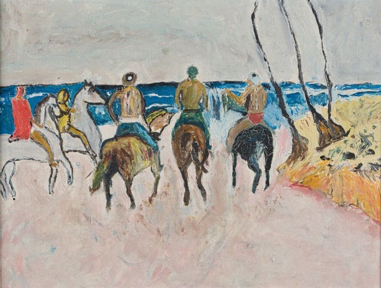 Olio su tavola Scena di cavalieri 1960 Cornice dorata