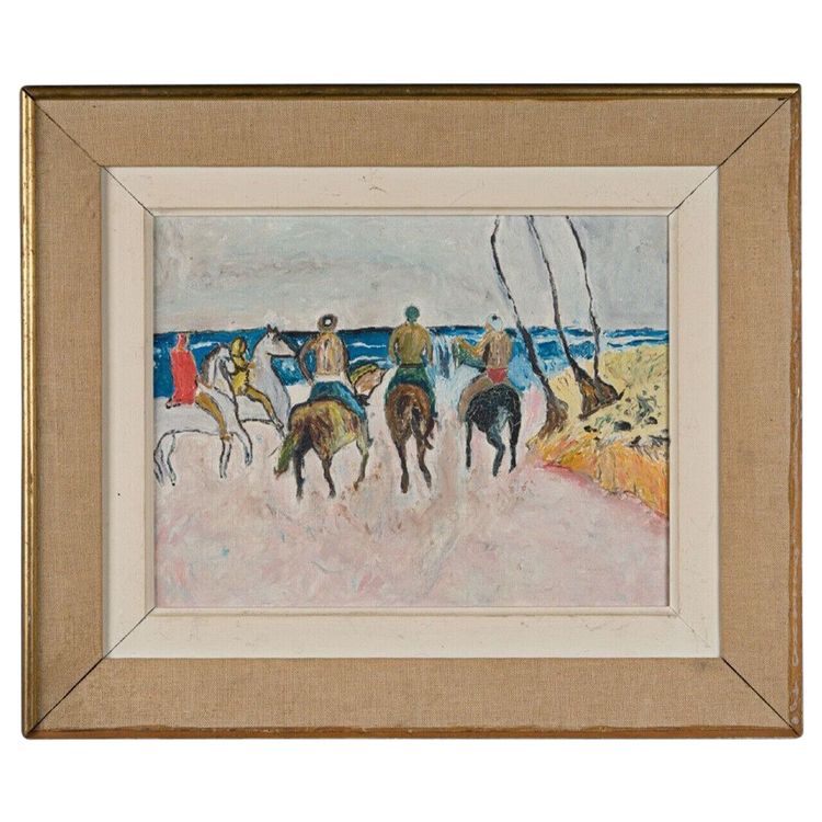 Olio su tavola Scena di cavalieri 1960 Cornice dorata