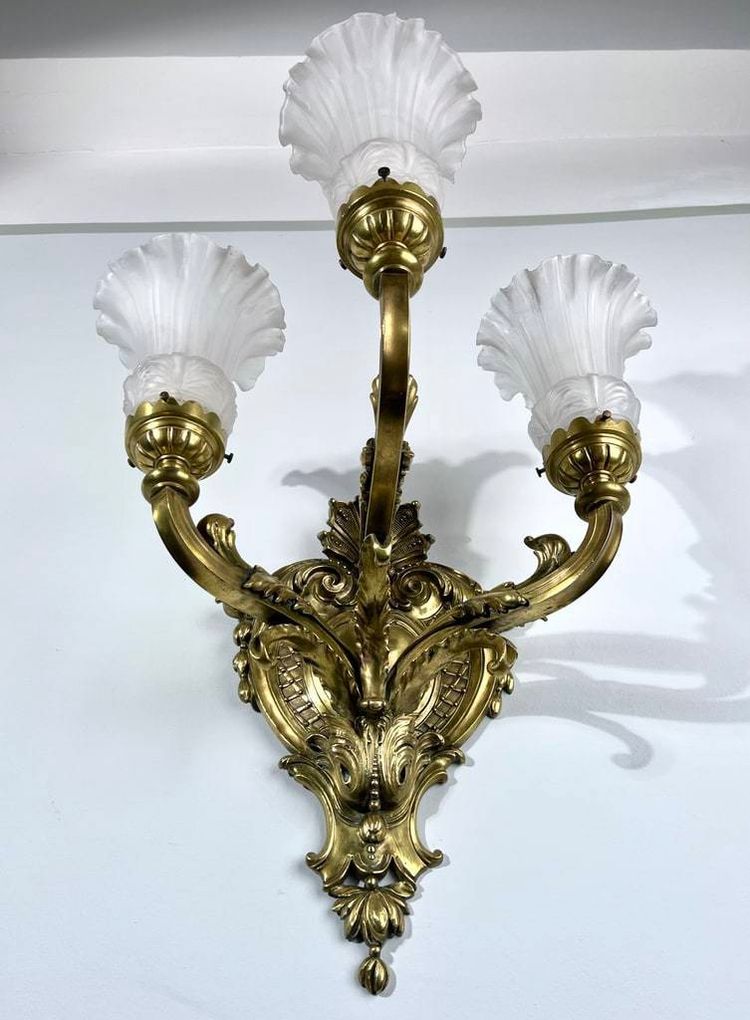 Bronze And Frosted Glass Wall Sconce - Late 19th Early 20th Century
