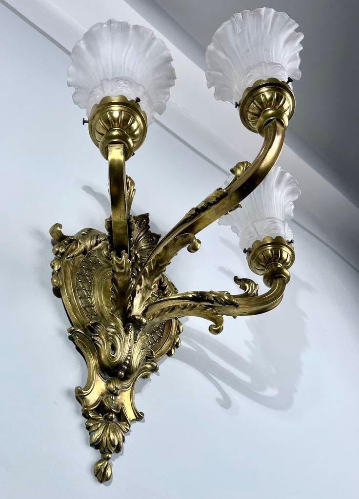 Bronze And Frosted Glass Wall Sconce - Late 19th Early 20th Century