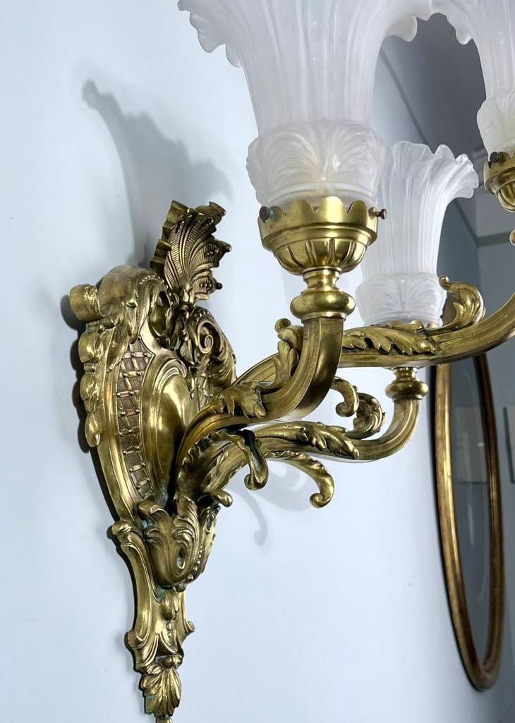 Bronze And Frosted Glass Wall Sconce - Late 19th Early 20th Century