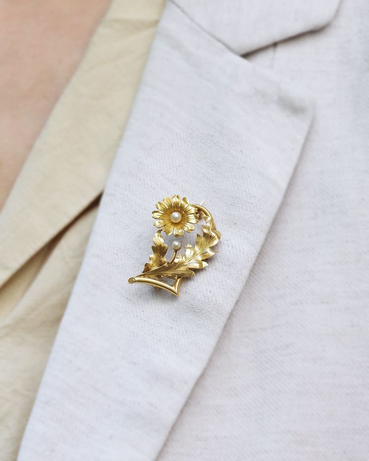 Broche fleur perles en or 18k, broche ancienne, perle de culture, bijou ancien